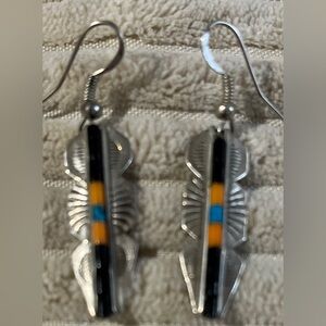 Sterling Silver Onyx, Spiny Oyster and Turquoise Stamped Earrings